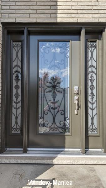 Front steel insulated entry door. Two sidelites. full wrought iron glass inserts. Portland. Commercial brown color